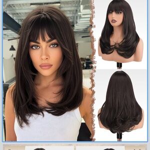 FESHFEN Long Wigs with Bangs,Synthetic Natural Looking Layered Straight 18”Brown
